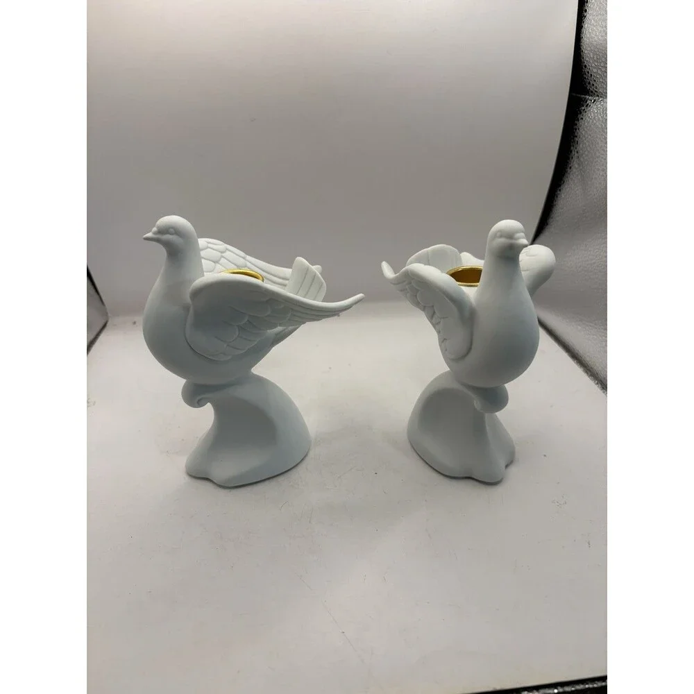 Vintage Pair Of Bisque Dove Candle Holders Signed Y.H. 1997 House Of Lloyd